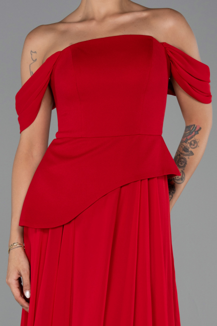 Kırmızı Kayık Yaka Peplum Uzun Şifon Abiye Elbise ABU6345