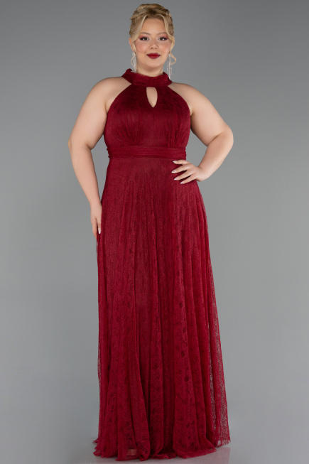 Bordo Halter Yaka Uzun Dantel Büyük Beden Abiye ABU6330