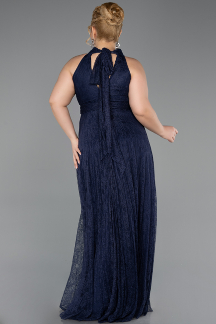 Lacivert Halter Yaka Uzun Dantel Büyük Beden Abiye ABU6330