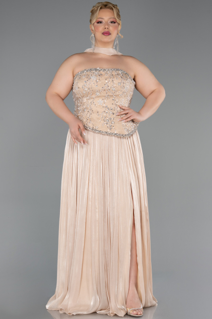 Bej Straplez Peplum Pliseli Büyük Beden Abiye ABU5793