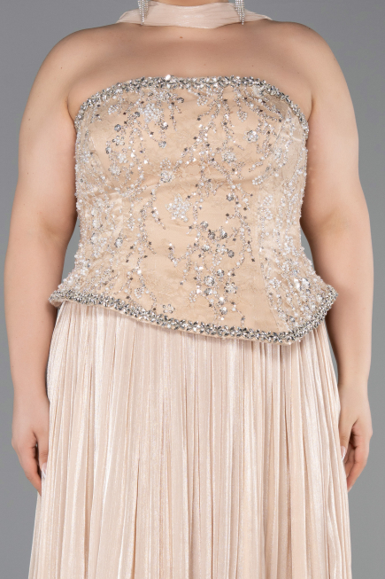 Bej Straplez Peplum Pliseli Büyük Beden Abiye ABU5793