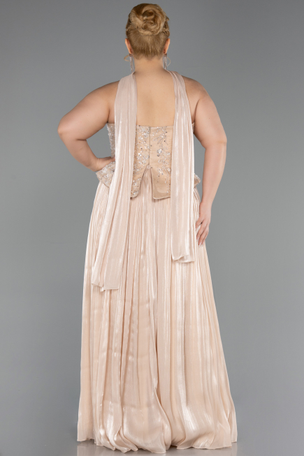 Bej Straplez Peplum Pliseli Büyük Beden Abiye ABU5793