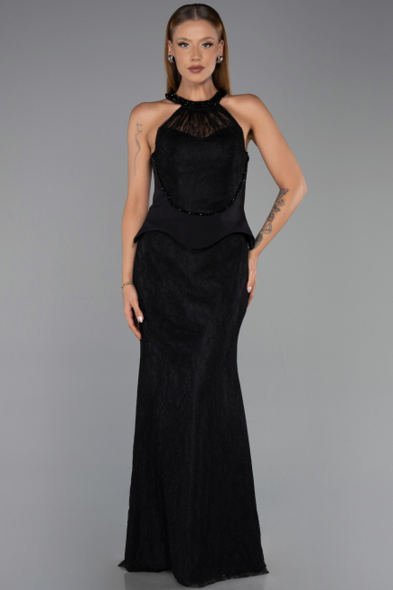 Siyah Halter Yaka Peplum Uzun Dantel Abiye Elbise ABU6425