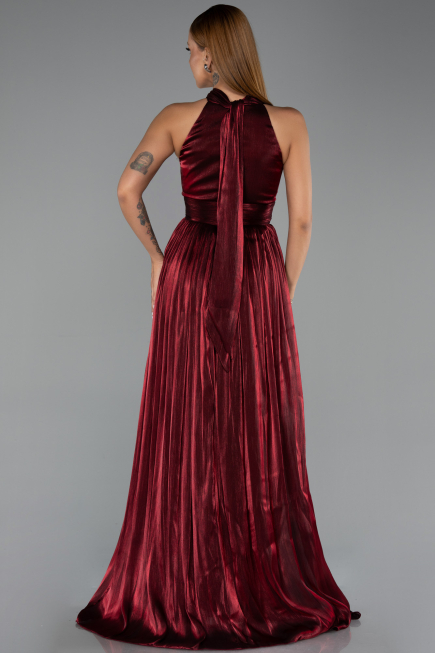 Bordo Halter Yaka Uzun Şifon Abiye Elbise ABU6428