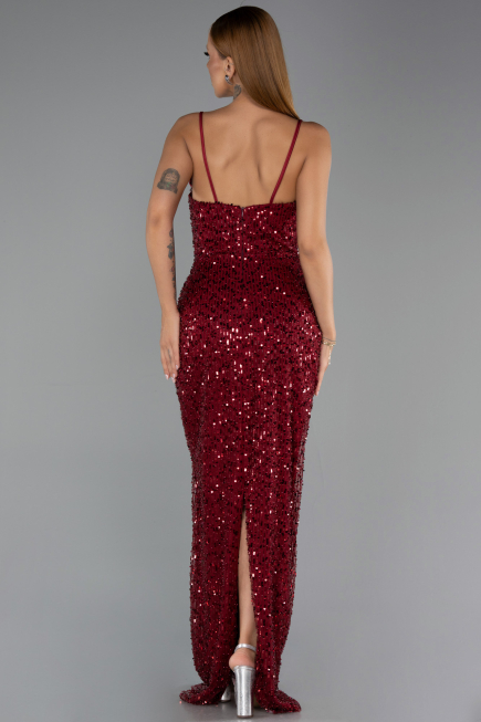 Bordo Askılı Uzun Pullu Abiye Elbise ABU6308