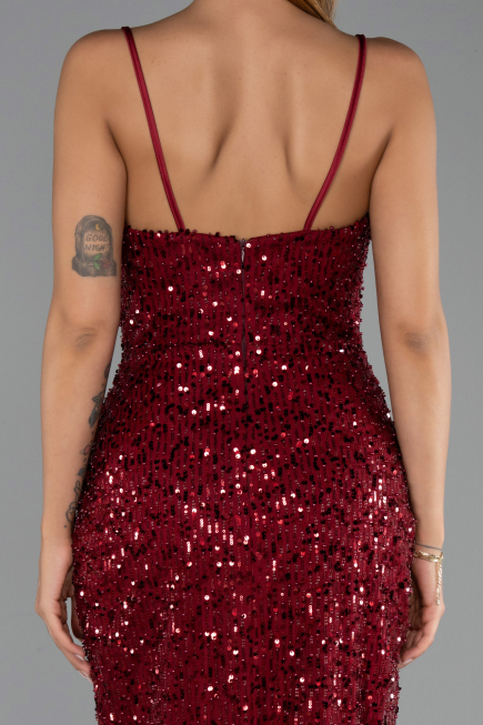 Bordo Askılı Uzun Pullu Abiye Elbise ABU6308
