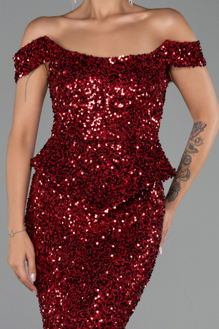 Bordo Kayık Yaka Peplum Kesim Uzun Pullu Abiye ABU6359