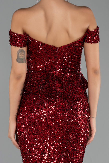 Bordo Kayık Yaka Peplum Kesim Uzun Pullu Abiye ABU6359