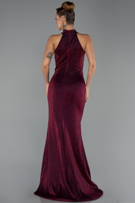 Bordo Halter Yaka Yırtmaçlı Uzun Simli Abiye Elbise ABU6083