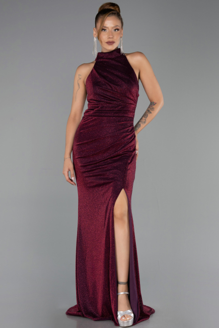 Bordo Halter Yaka Yırtmaçlı Uzun Simli Abiye Elbise ABU6083