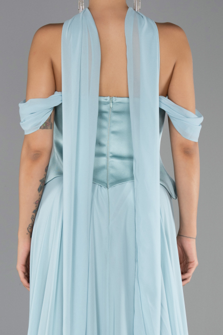 Mint Kayık Yaka Saten Peplum Kesim Uzun Şifon Abiye ABU5327