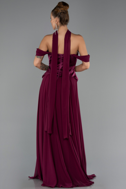 Mürdüm Kayık Yaka Saten Peplum Kesim Uzun Şifon Abiye ABU5327
