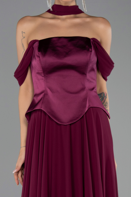 Mürdüm Kayık Yaka Saten Peplum Kesim Uzun Şifon Abiye ABU5327