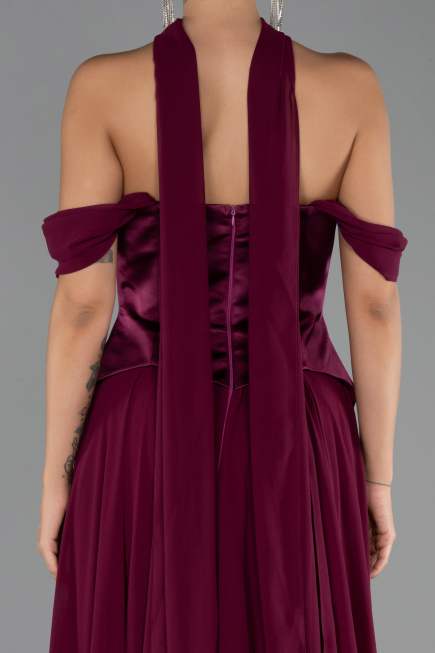 Mürdüm Kayık Yaka Saten Peplum Kesim Uzun Şifon Abiye ABU5327
