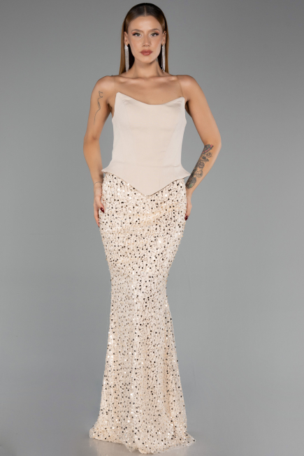 Bej Straplez Peplum Kesim Eteği Pullu Uzun Abiye ABU6546