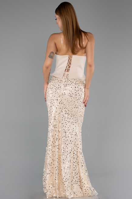 Bej Straplez Peplum Kesim Eteği Pullu Uzun Abiye ABU6546