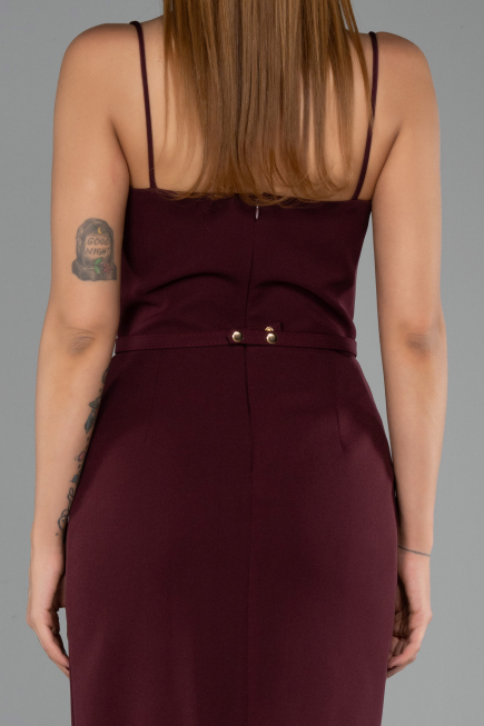 Bordo Askılı Kemerli Midi Davet Elbisesi ABK2687