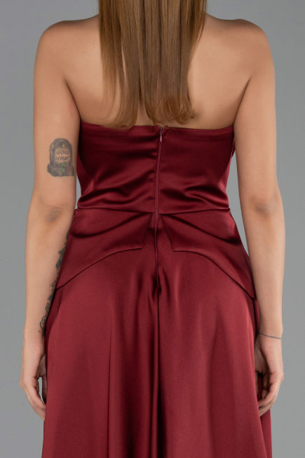 Bordo Straplez Peplum Kesim Kuyruklu Uzun Dantel Abiye ABU5615