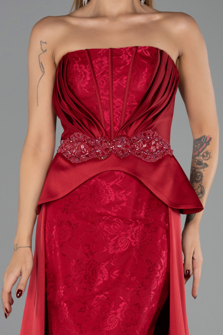Kırmızı Straplez Peplum Kesim Kuyruklu Uzun Dantel Abiye ABU5615