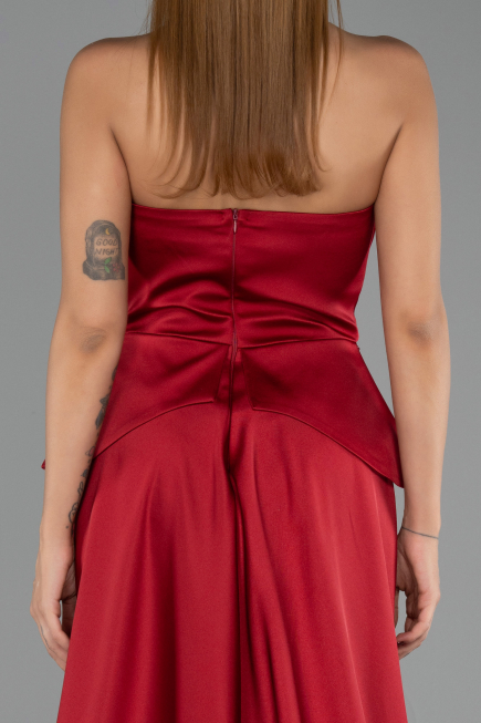 Kırmızı Straplez Peplum Kesim Kuyruklu Uzun Dantel Abiye ABU5615