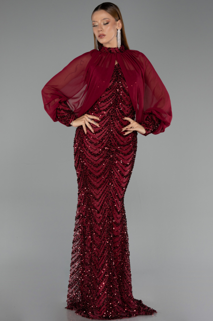 Bordo Straplez Uzun Kol Pelerin Detay Pullu Abiye ABU6298