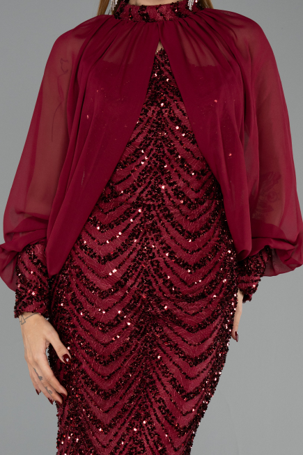 Bordo Straplez Uzun Kol Pelerin Detay Pullu Abiye ABU6298