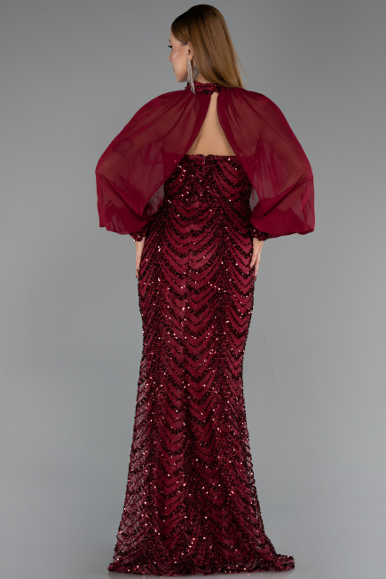 Bordo Straplez Uzun Kol Pelerin Detay Pullu Abiye ABU6298