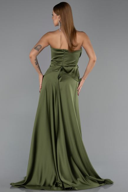 Haki Straplez Peplum Kesim Kuyruklu Uzun Dantel Abiye ABU5615