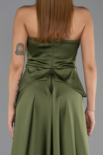 Haki Straplez Peplum Kesim Kuyruklu Uzun Dantel Abiye ABU5615