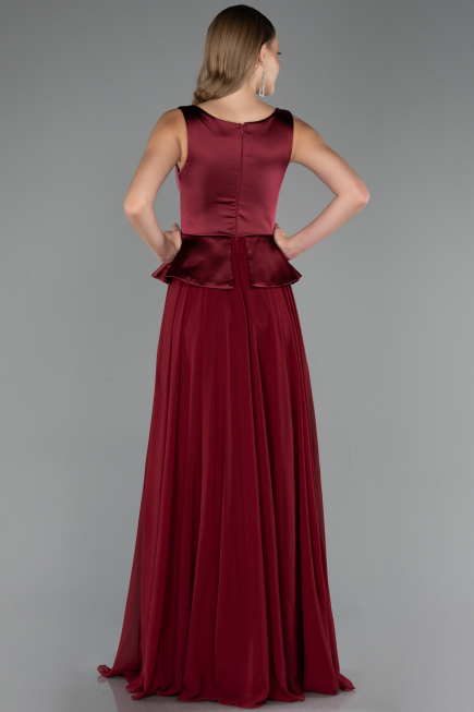 Bordo Saten Kare Yaka Peplum Uzun Şifon Abiye Elbise ABU6568