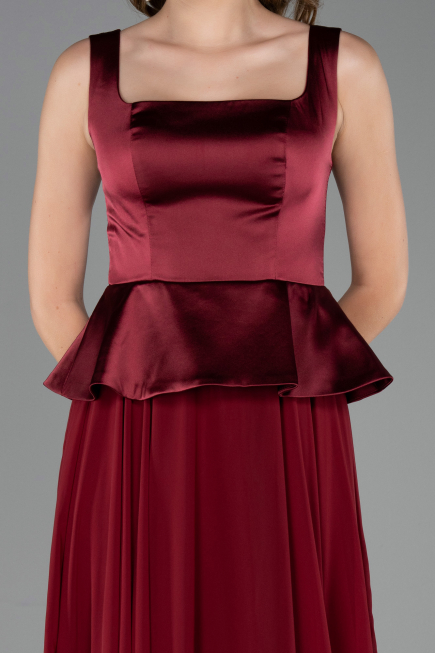 Bordo Saten Kare Yaka Peplum Uzun Şifon Abiye Elbise ABU6568