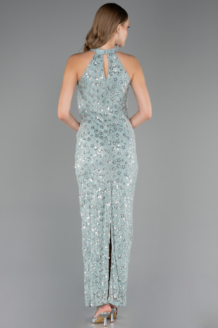 Mint Halter Yaka Uzun Pullu Dantel Abiye Elbise ABU6578