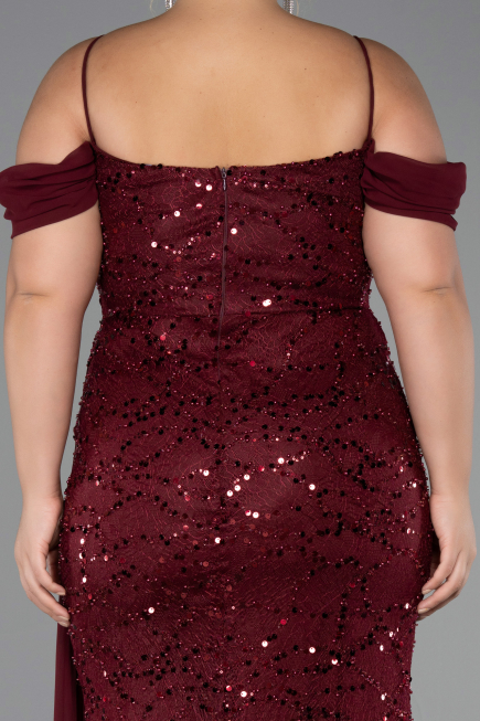 Bordo Askılı Yırtmaçlı Uzun Pullu Büyük Beden Abiye ABU6134