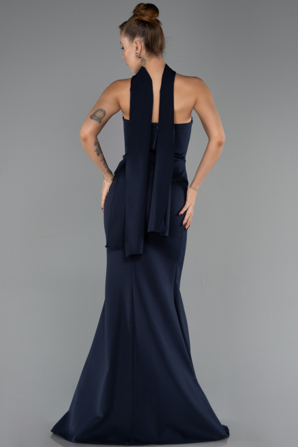 Lacivert Kare Yaka Peplum Kesim Uzun Balık Abiye Elbise ABU6575