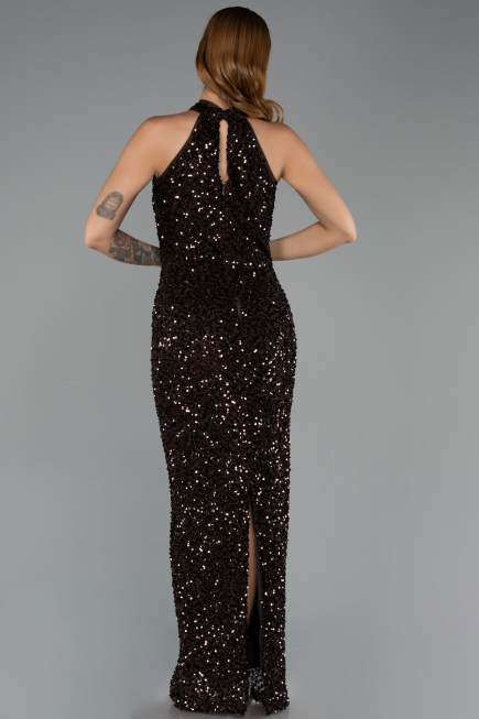 Koyu Kahve Halter Yaka Uzun Pullu Abiye Elbise ABU6404