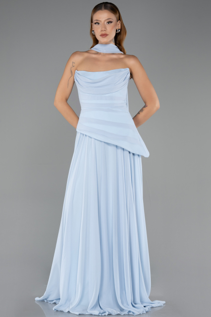 Buz Mavisi Straplez Peplum Kesim Uzun Şifon Abiye Elbise ABU5763