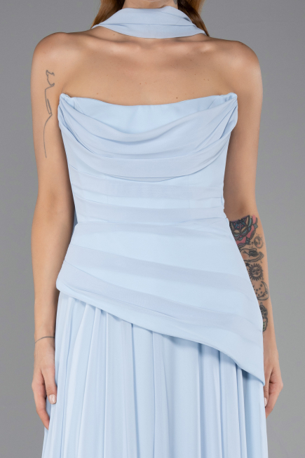 Buz Mavisi Straplez Peplum Kesim Uzun Şifon Abiye Elbise ABU5763