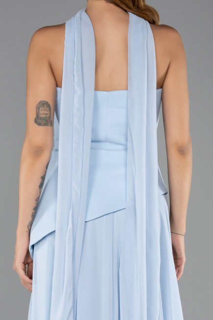 Buz Mavisi Straplez Peplum Kesim Uzun Şifon Abiye Elbise ABU5763
