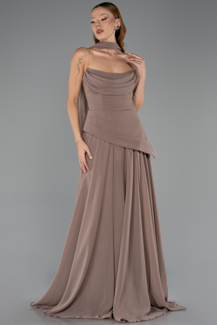 Cappuccıno Straplez Peplum Kesim Uzun Şifon Abiye Elbise ABU5763