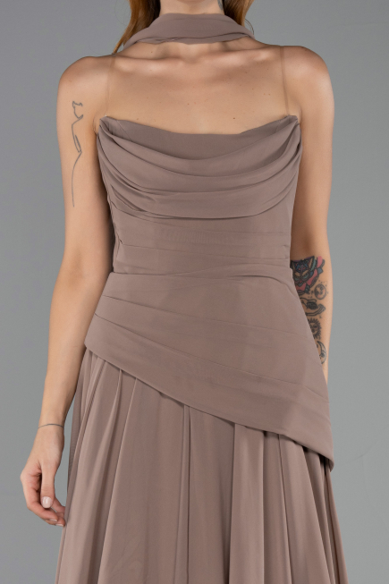 Cappuccıno Straplez Peplum Kesim Uzun Şifon Abiye Elbise ABU5763