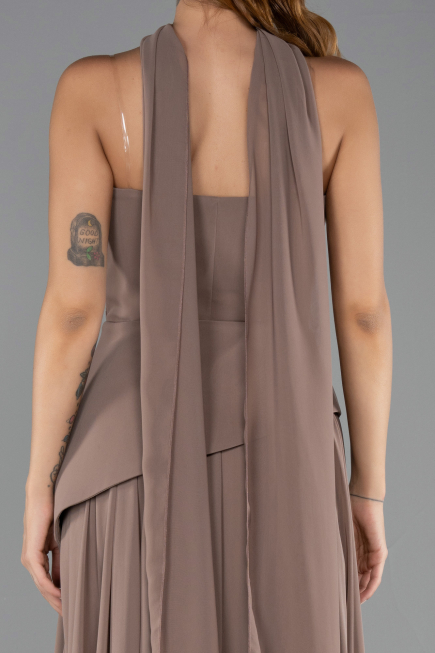Cappuccıno Straplez Peplum Kesim Uzun Şifon Abiye Elbise ABU5763