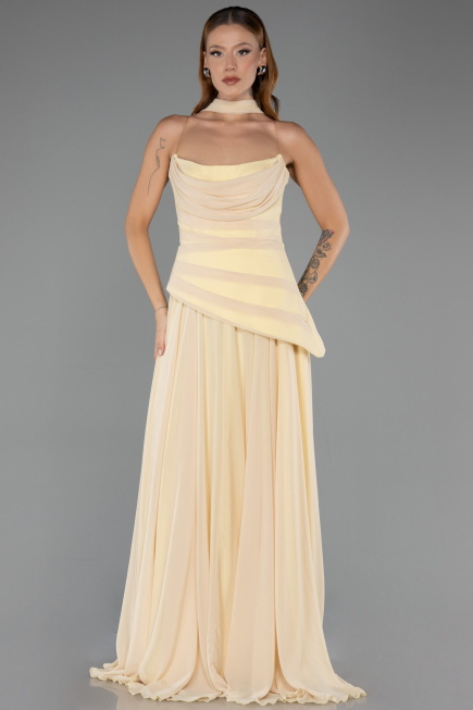 Sarı Straplez Peplum Kesim Uzun Şifon Abiye Elbise ABU5763