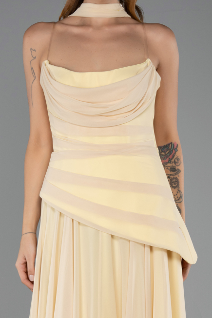 Sarı Straplez Peplum Kesim Uzun Şifon Abiye Elbise ABU5763