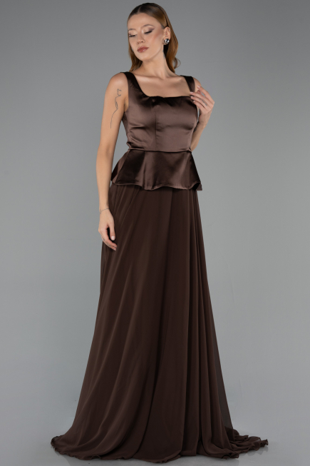 Kahve Saten Kare Yaka Peplum Uzun Şifon Abiye Elbise ABU6568