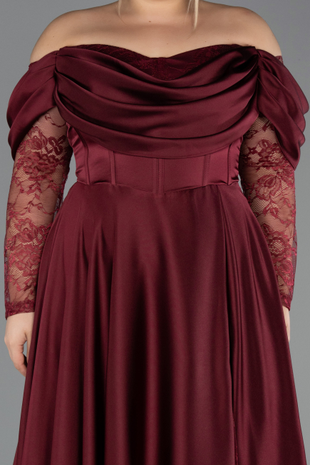 Bordo Dantel Uzun Kol Kayık Yaka Saten Büyük Beden Abiye ABU5261