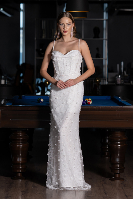 Ekru Askılı Taşlı Balen Detaylı Uzun Dantel Nikah Elbisesi ABU6040