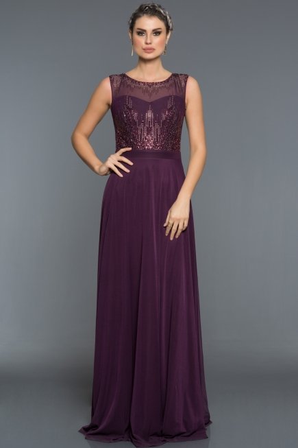 Uzun Violet Taşlı Abiye Elbise C7344