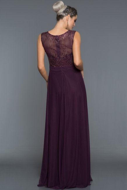 Uzun Violet Taşlı Abiye Elbise C7344
