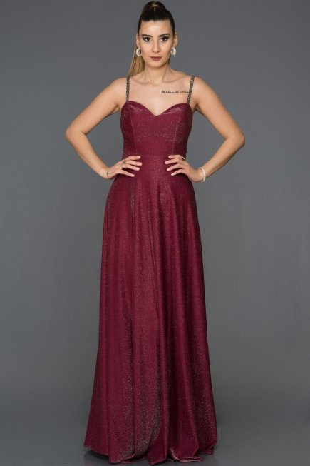 Bordo Simli Uzun Abiye Elbise AB3434