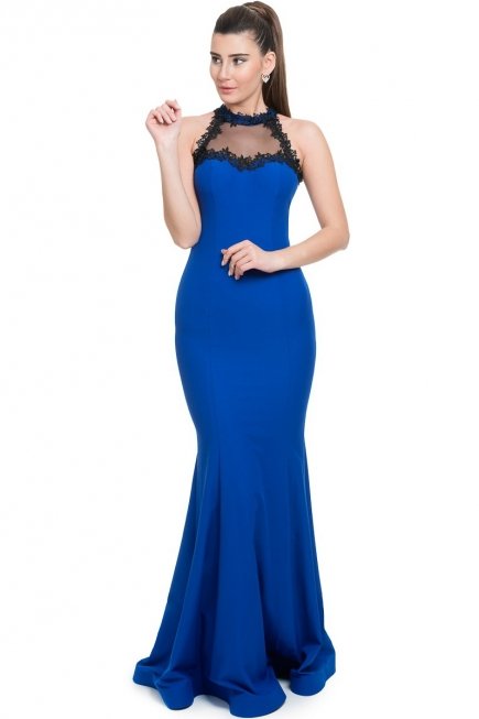 Saks Mavi Balık Abiye Elbise C7105